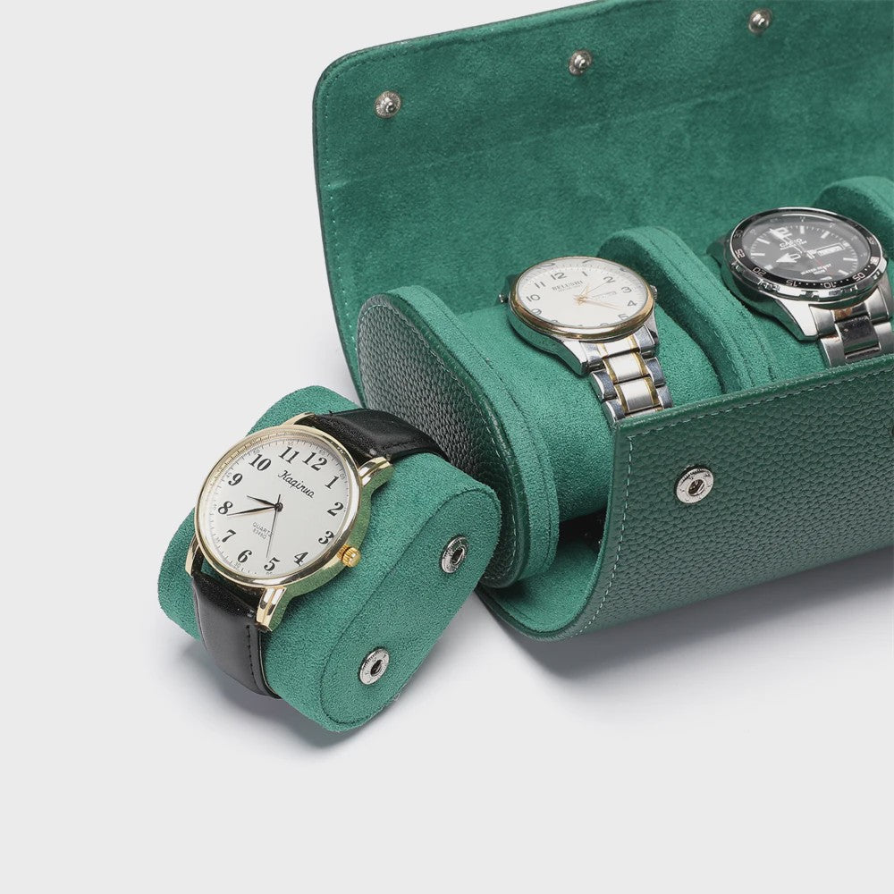 Luxe Embers Groene Horlogerolle - Echt Lederen Reis Etui voor 1, 2 of 3 Horloges