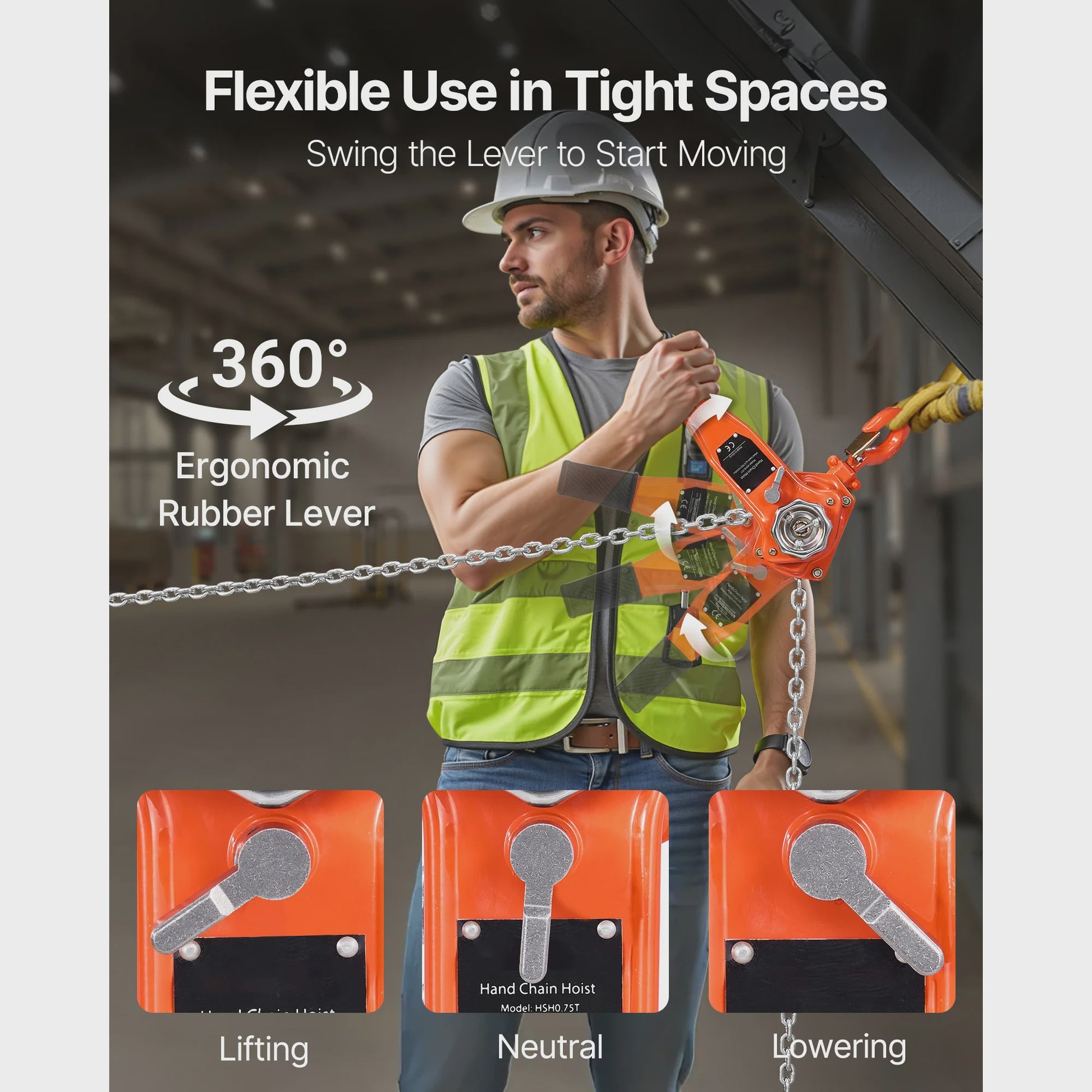 Handmatige Kettingtakel 0.75T - 5/10/20FT Hefhoogte met Dubbele Pal & 360° Draaibare Haken