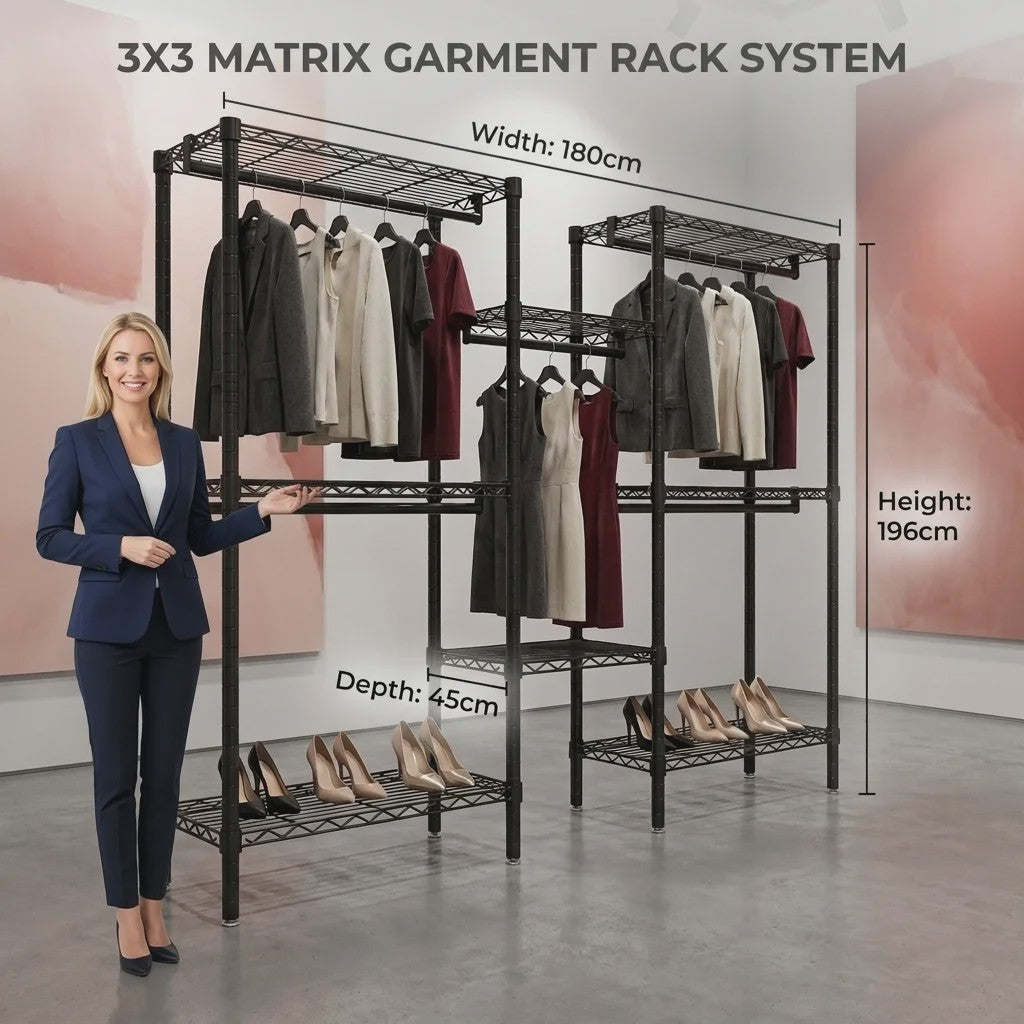 Zwaar Metalen Kledingrek Staand - Modulaire Kast Organizer 3x3 Matrix - Draagbare Garderobe