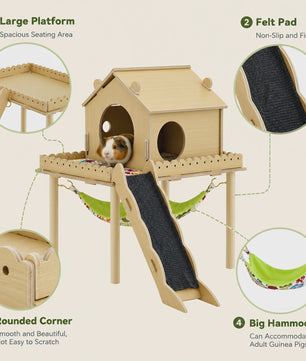 3-in-1 Houten Huisje met Hangmat en Trap voor Cavia's en Kleine Huisdieren