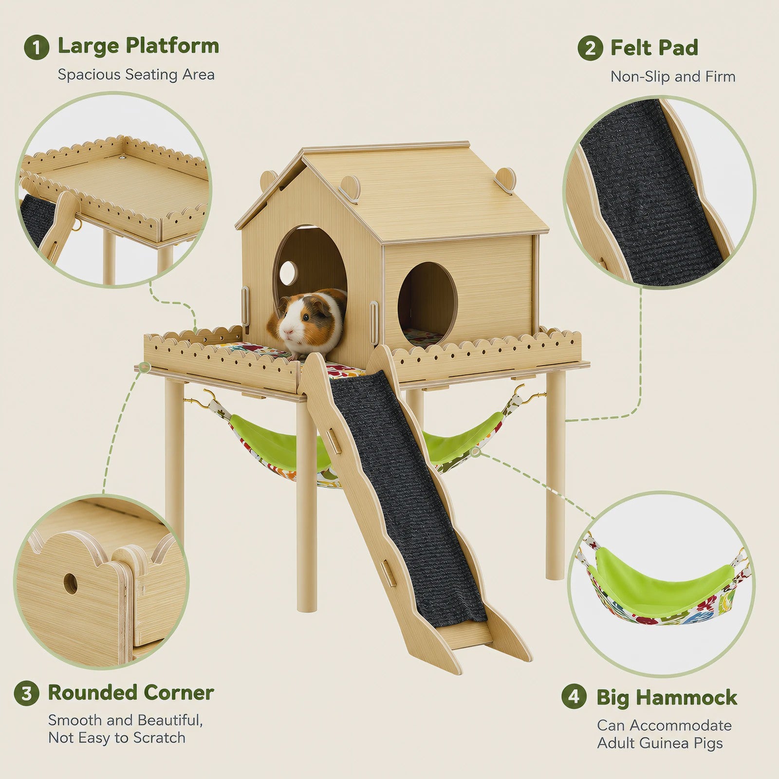3-in-1 Houten Huisje met Hangmat en Trap voor Cavia's en Kleine Huisdieren