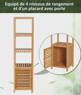 HOMCOM Bamboe Kolomkast Badkamer - 4 Niveaus met Kastje - 140 cm Hoog