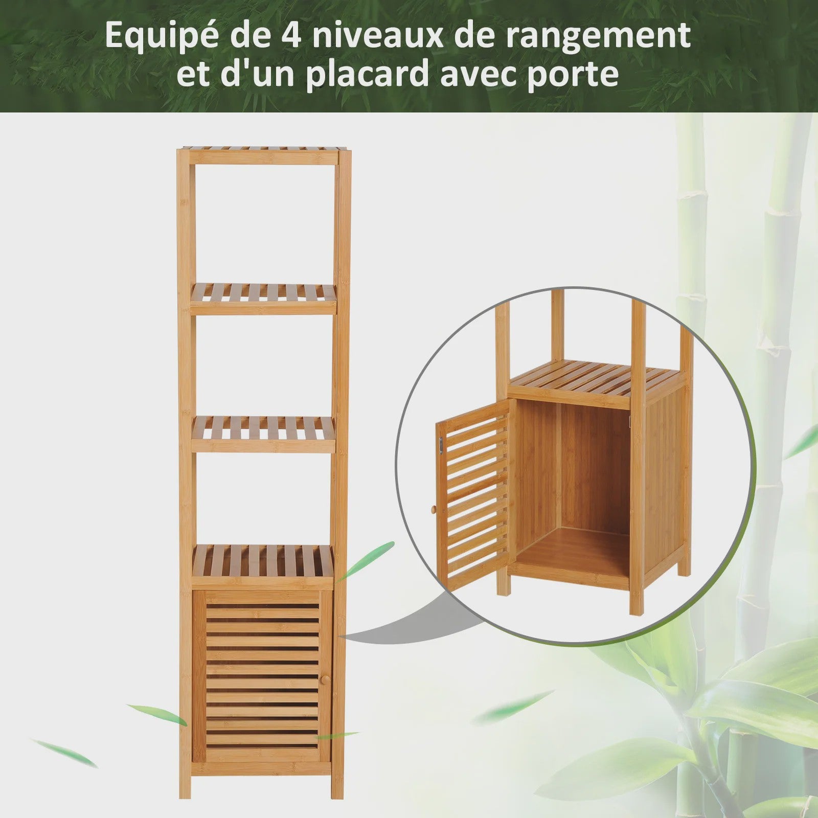 HOMCOM Bamboe Kolomkast Badkamer - 4 Niveaus met Kastje - 140 cm Hoog