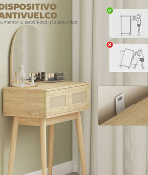 Moderne Kaptafel met Spiegel en Rotan Lades - Natuurlijk Houtkleurig