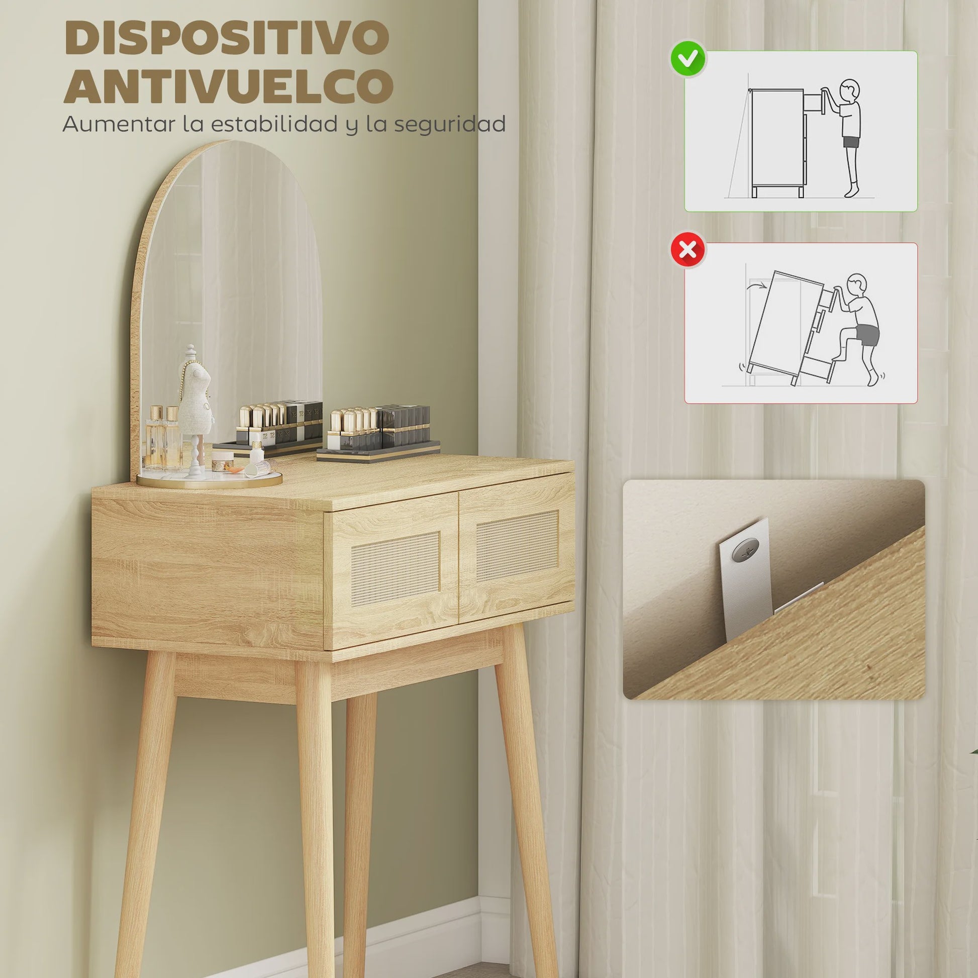 Moderne Kaptafel met Spiegel en Rotan Lades - Natuurlijk Houtkleurig