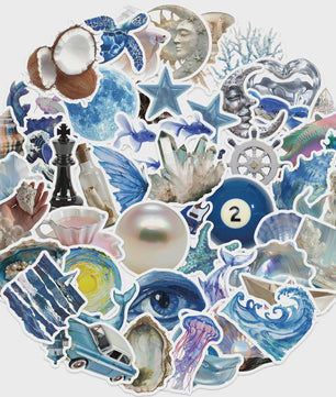 50x Ocean & Blauwe Esthetische Stickers - Waterdicht & Verwijderbaar voor Laptop, Koffer, Gitaar