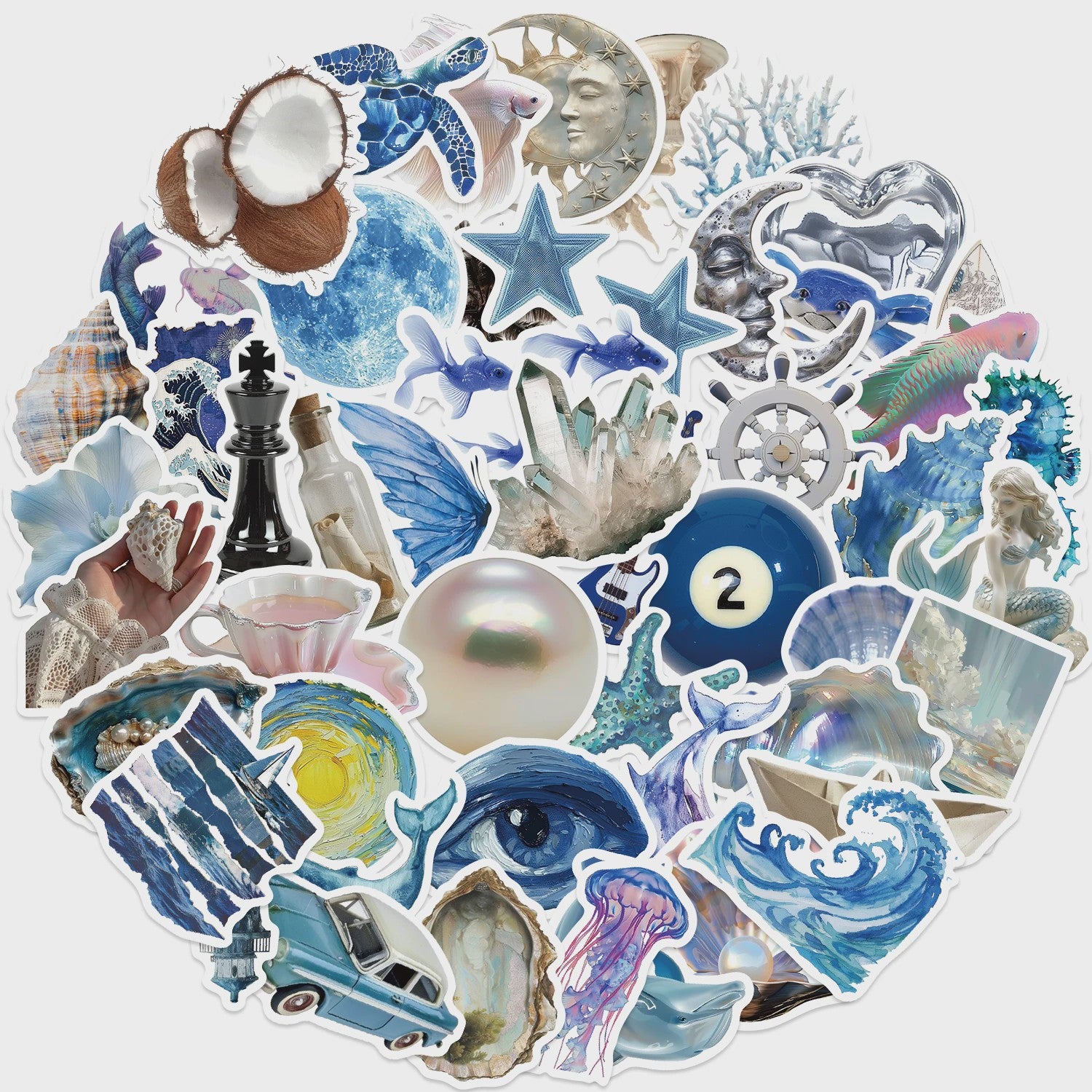 50x Ocean & Blauwe Esthetische Stickers - Waterdicht & Verwijderbaar voor Laptop, Koffer, Gitaar