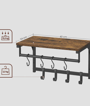 Wandkapstok met Plank en 8 Haken - Industrieel Design, 40x24x24 cm