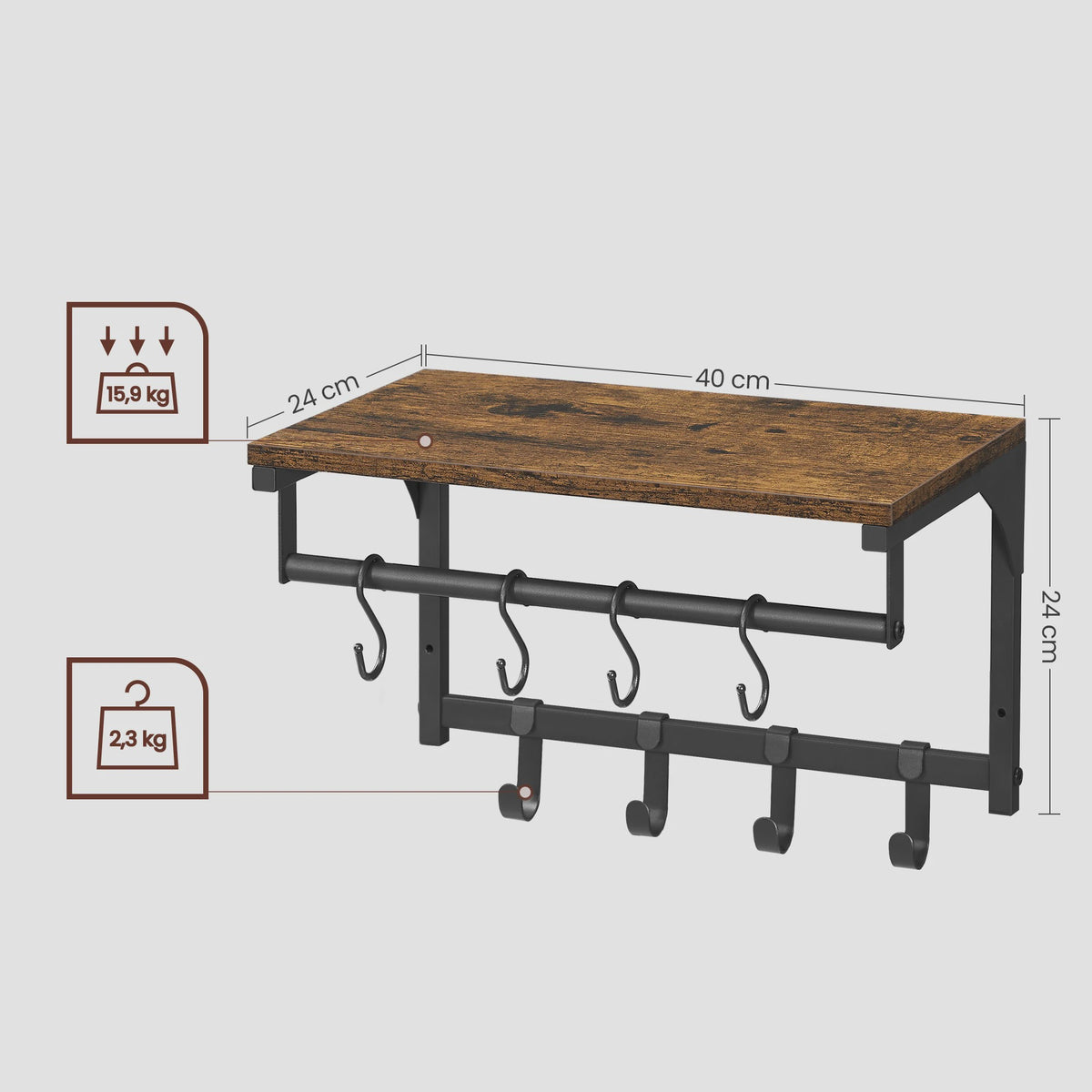 Wandkapstok met Plank en 8 Haken - Industrieel Design, 40x24x24 cm