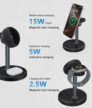 3-in-1 Magnetische Draadloze Oplader Stand voor iPhone, Apple Watch & AirPods - 15W Fast Charge