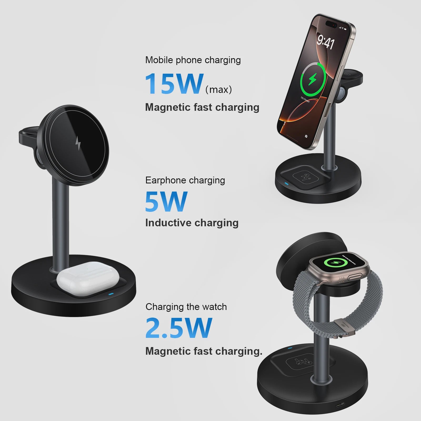 3-in-1 Magnetische Draadloze Oplader Stand voor iPhone, Apple Watch & AirPods - 15W Fast Charge