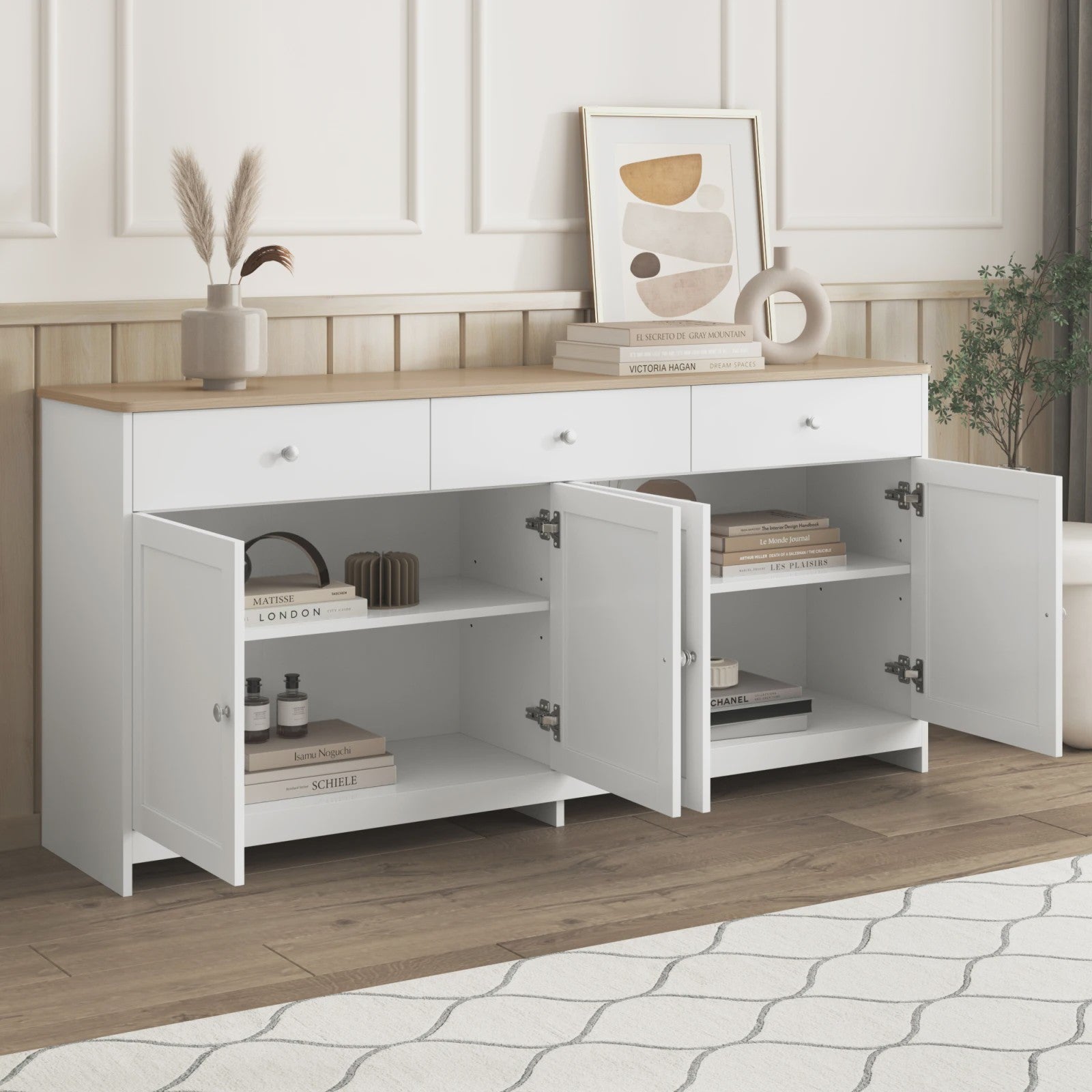 Moderne Witte Sideboardkast met 4 Deuren en 3 Lades - 160x37x75cm