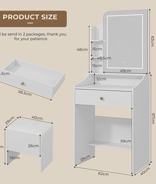 Kaptafel Set met LED Spiegel, Verstelbare Helderheid, Make-up Tafel met Kruk en Opbergruimte
