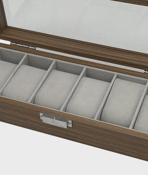 Luxe Houten Horlogedoos met Glazen Deksel - 6 Vakken - Walnoot Patroon