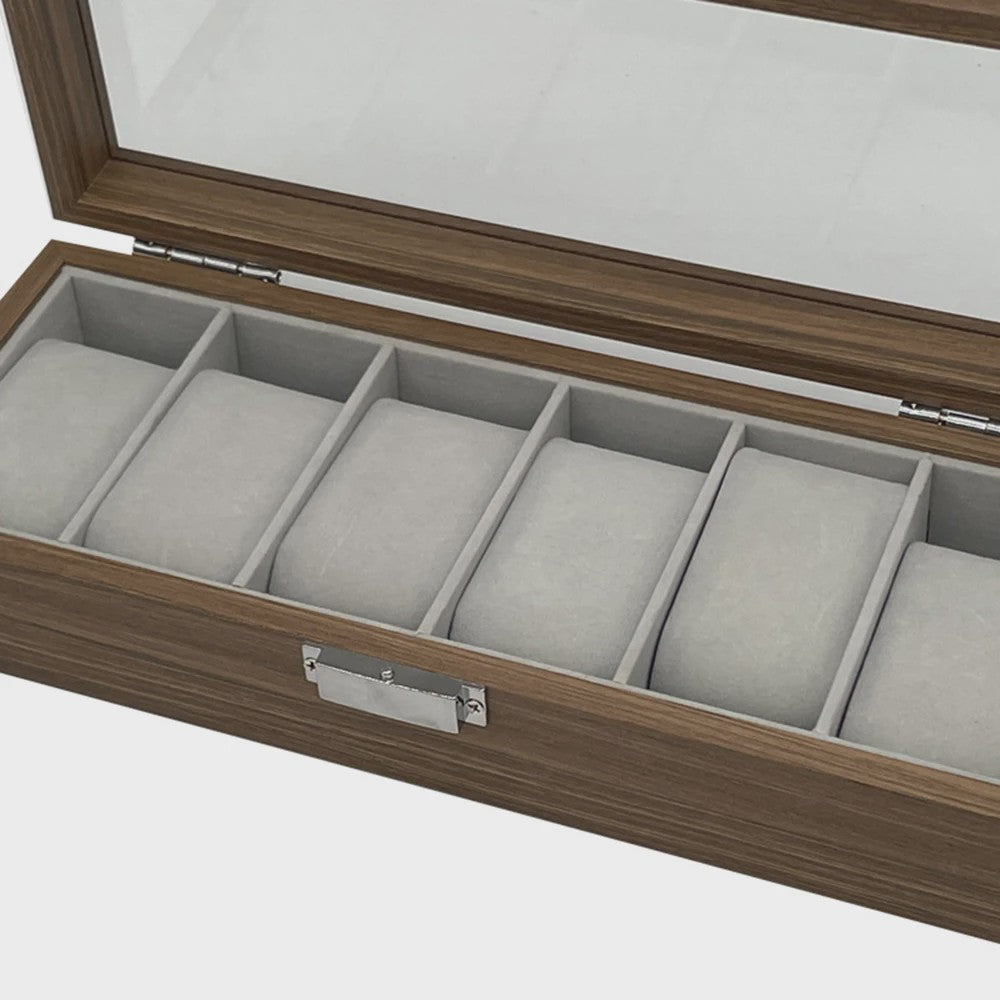 Luxe Houten Horlogedoos met Glazen Deksel - 6 Vakken - Walnoot Patroon