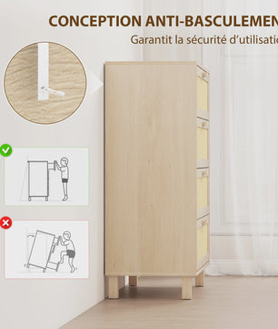 Ladekast 4 Lades met Rotan Fronten - Licht Hout MDF - 80x40x103 cm