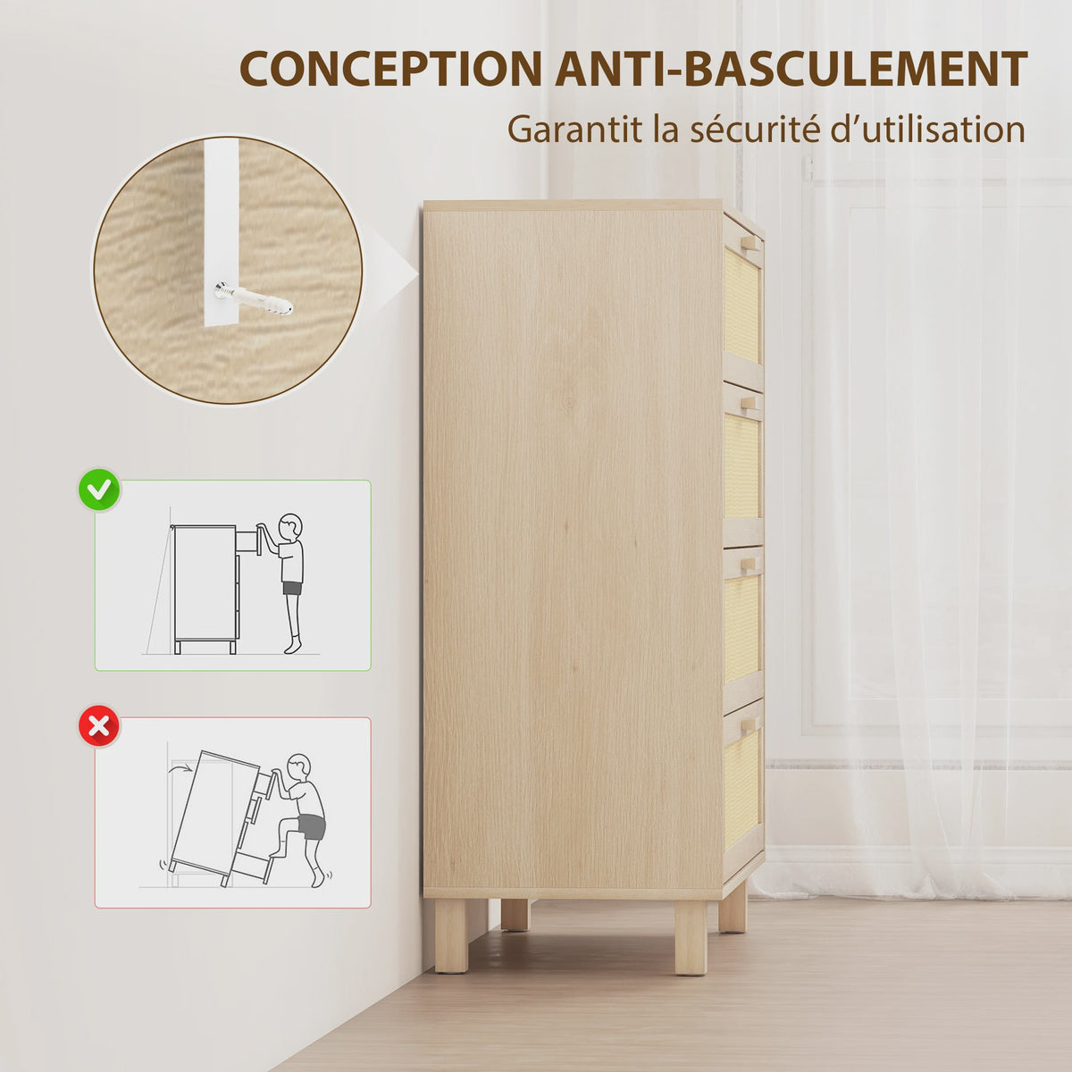 Ladekast 4 Lades met Rotan Fronten - Licht Hout MDF - 80x40x103 cm