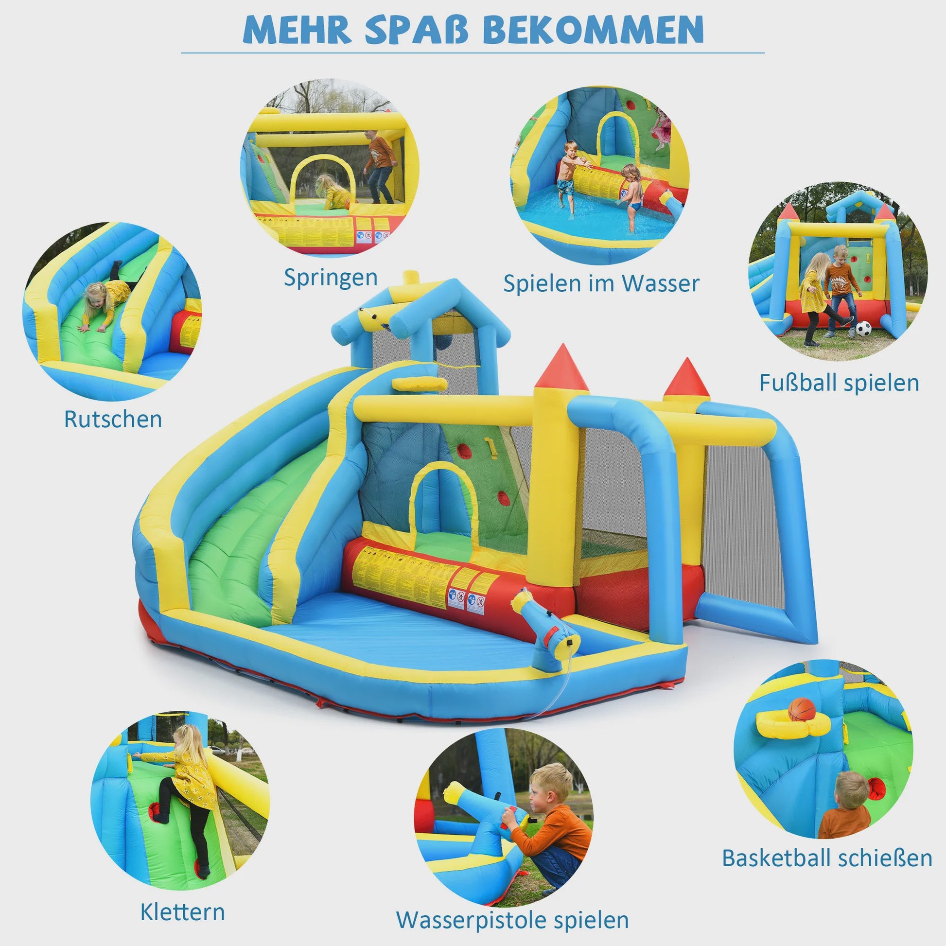 Opblaasbaar Speelkasteel met Glijbaan, Waterbad en Voetbalnet - 5-in-1 Plezier voor Kinderen (3-10 jaar)