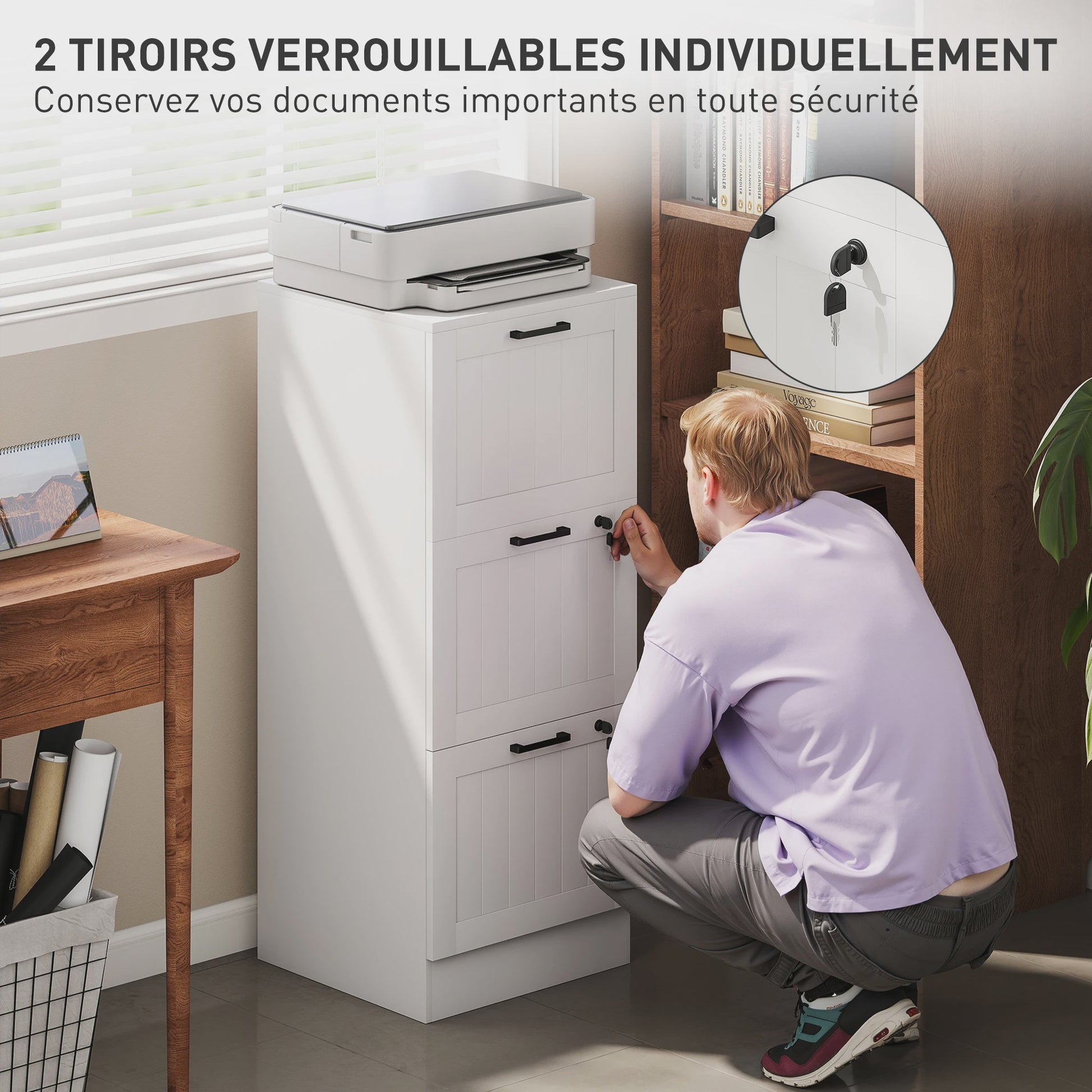 HOMCOM Bureaukast met 3 Laden en Slot - Verstelbare Documentenrails