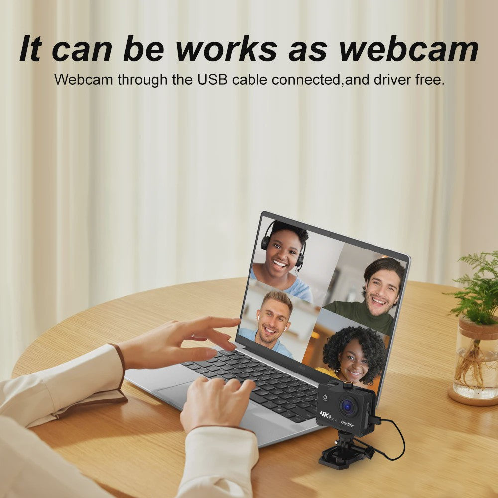 Ourlife 4K Action Camera Ultra HD 16MP met WiFi, 30M Waterdicht & 170° Groothoek