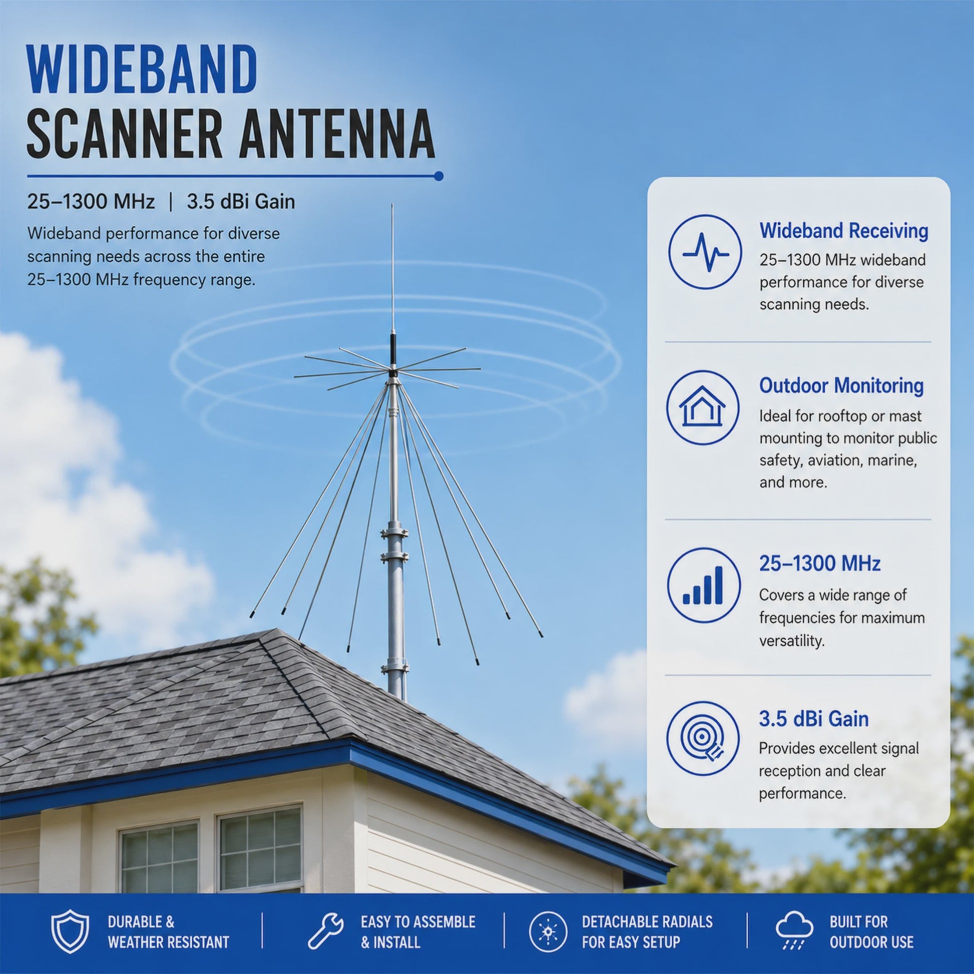 Ultra-Wideband Discone Antenne 25MHz-1300MHz met PL259 Connector