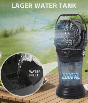 Draagbare Camping Ventilator met Vernevelaar, 2000ml Tank, 15000mAh Batterij & RGB LED Verlichting
