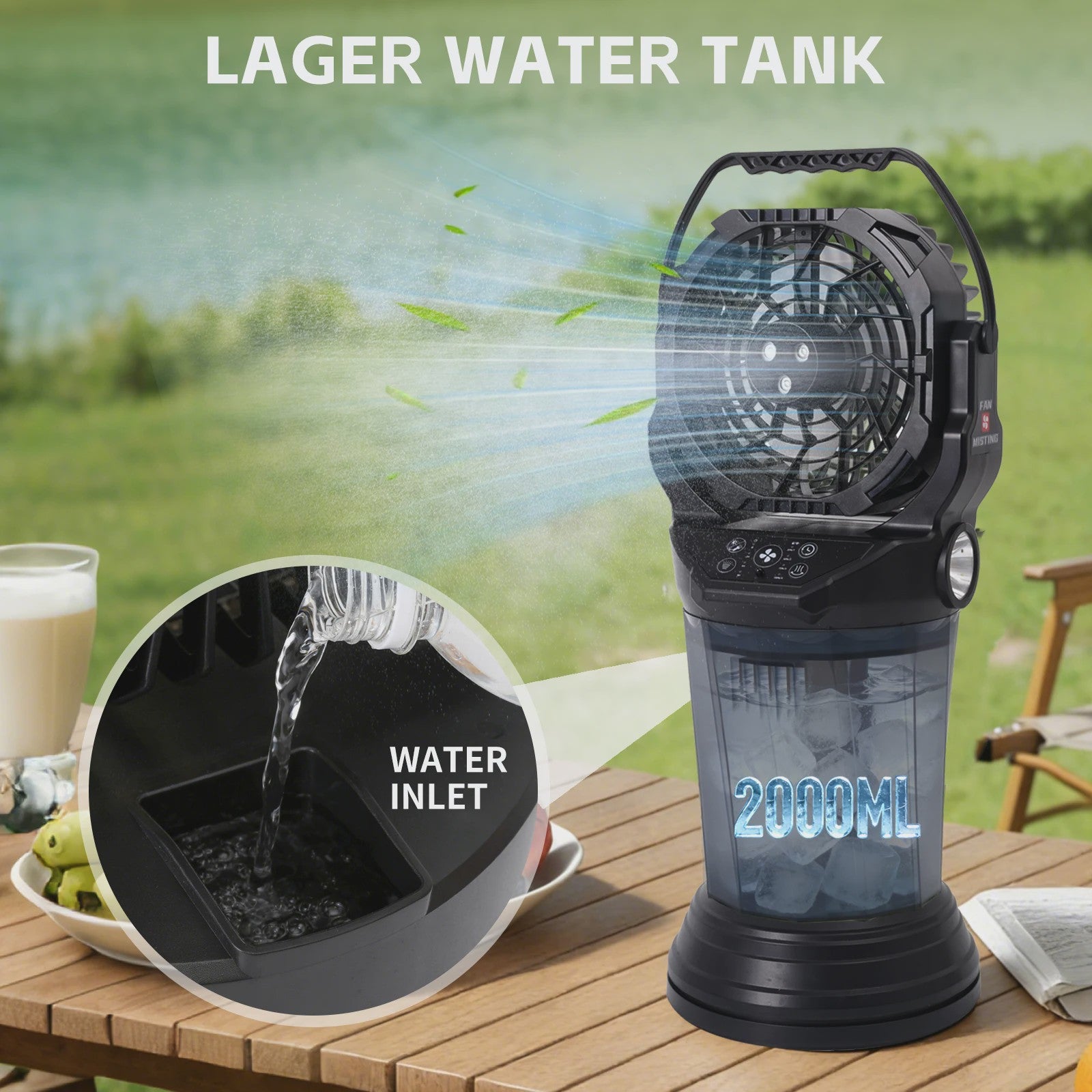 Draagbare Camping Ventilator met Vernevelaar, 2000ml Tank, 15000mAh Batterij & RGB LED Verlichting