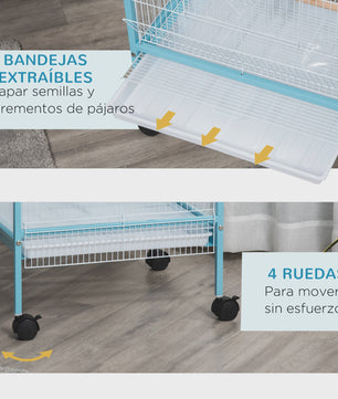 Ruime Tweelaagse Vogelkooi met Wielen en Uitneembare Trays - Blauw