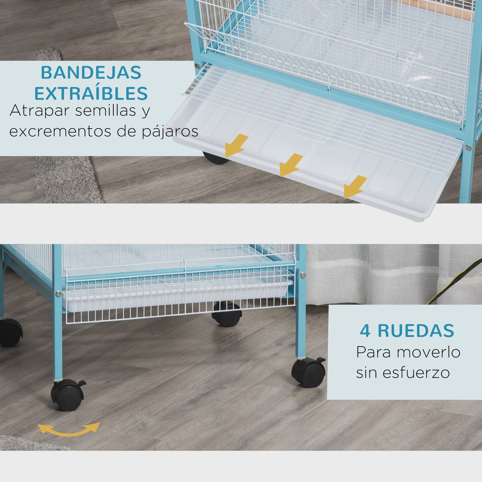 Ruime Tweelaagse Vogelkooi met Wielen en Uitneembare Trays - Blauw