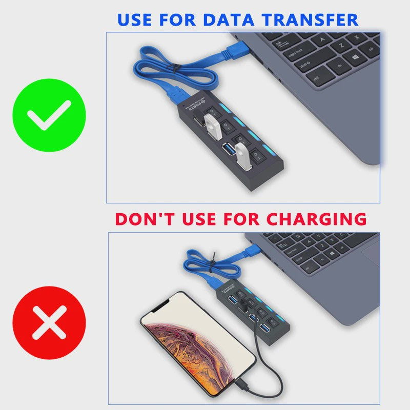 USB Hub 3.0/2.0 met 4 of 7 poorten, individuele schakelaars en LED-indicatoren