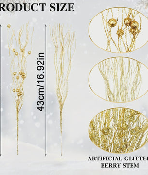 8x Glitter Bessen Takken - Kerstdecoratie & Feestaccessoires