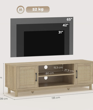 Stijlvol TV Meubel 135cm met Rotan Deuren & Open Vakken - Oak Look - Tot 65 Inch