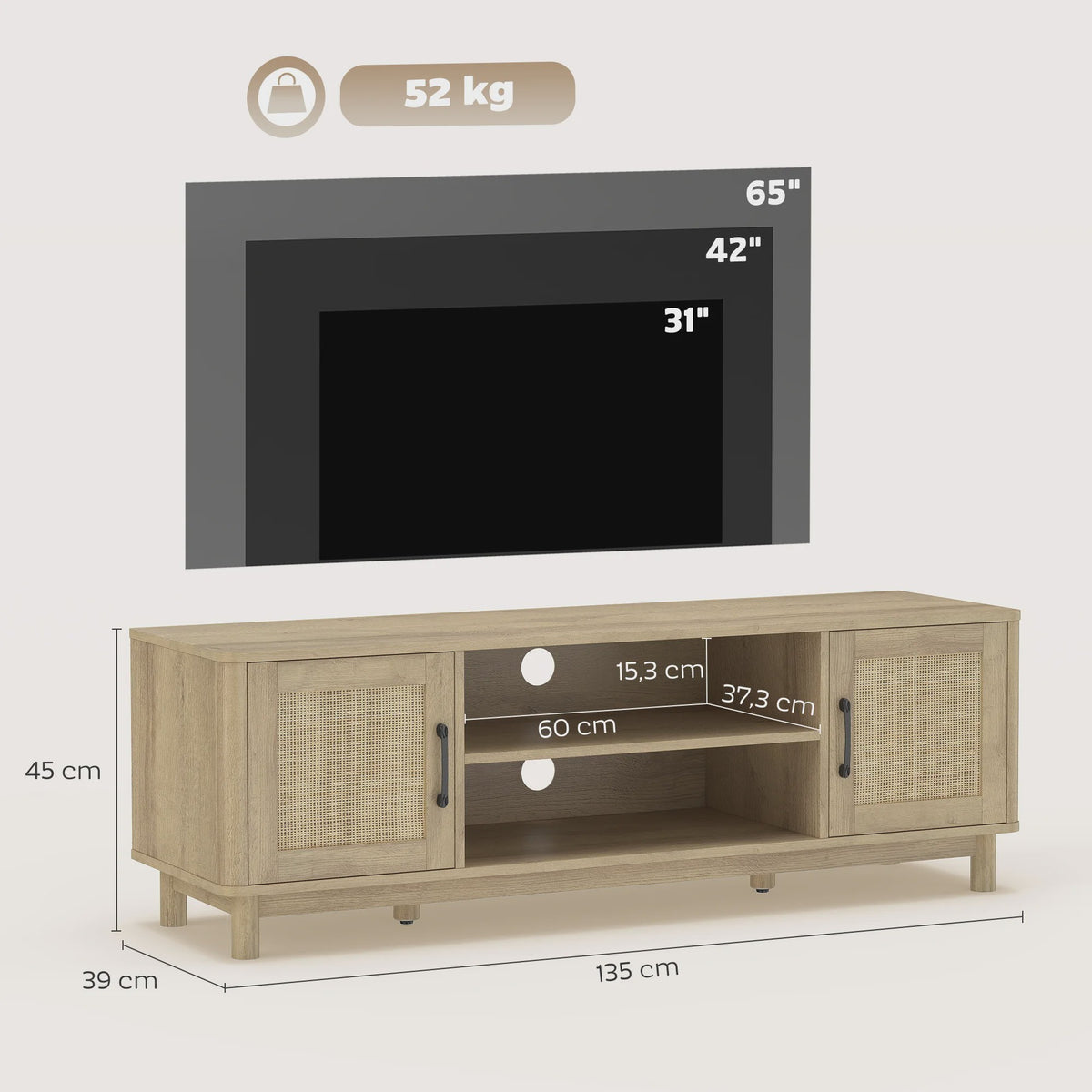 Stijlvol TV Meubel 135cm met Rotan Deuren & Open Vakken - Oak Look - Tot 65 Inch