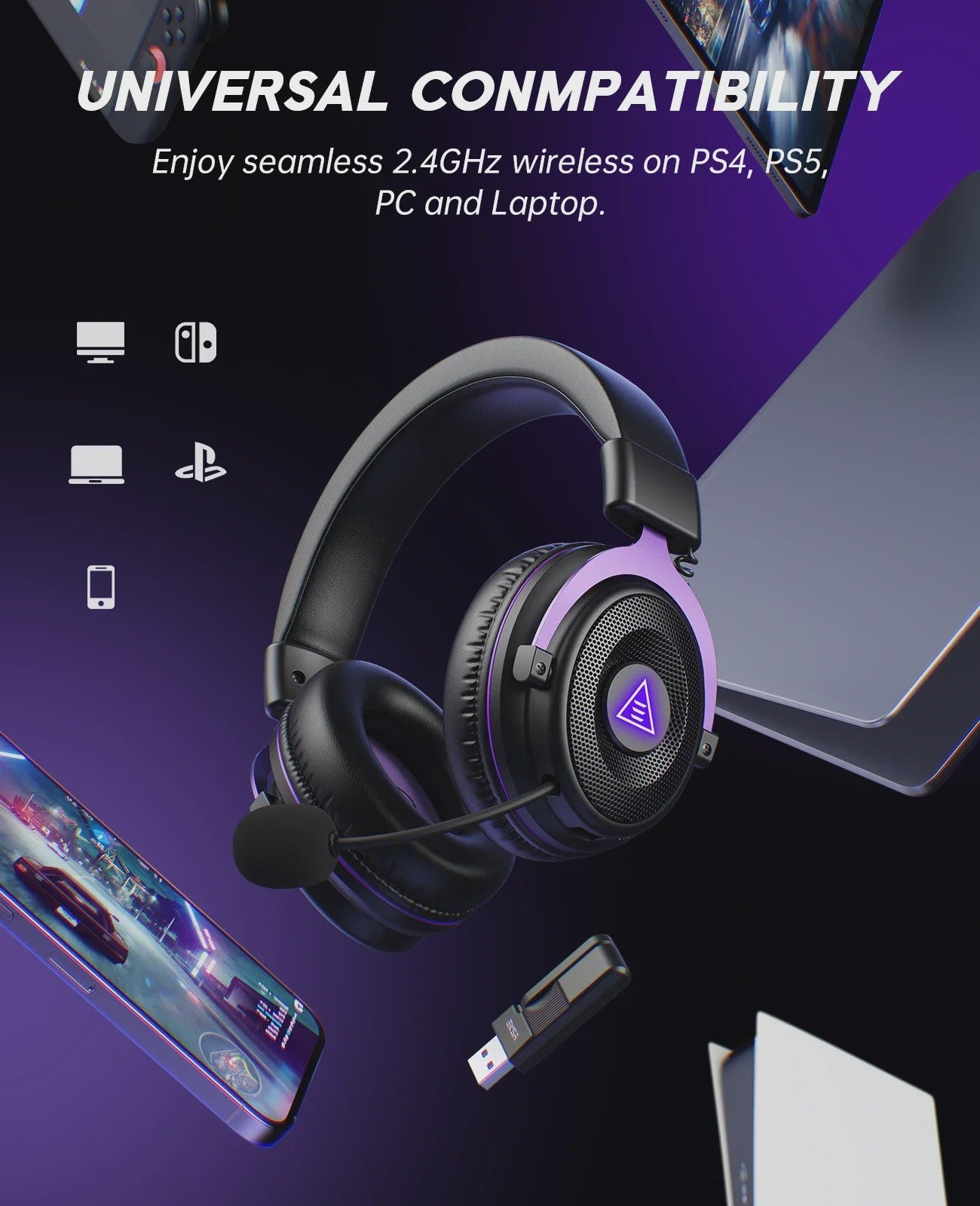 Oneodio EKSA E900 WT Gaming Headset: Draadloos 2.4G, Bluetooth, 80u Batterij & RGB
