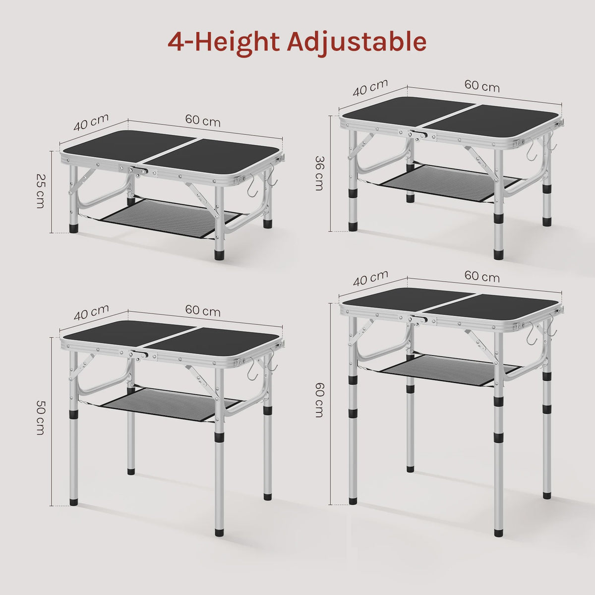 Verstelbare en Opvouwbare Campingtafel van Aluminium met Opbergnet en Haken - Draagbaar voor Tuin, Picknick & BBQ