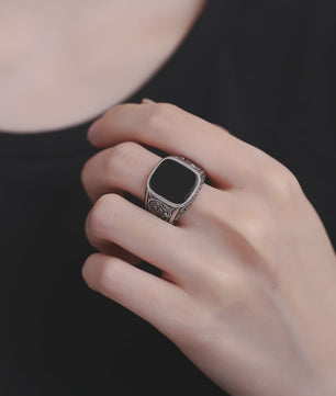 Heren Ring Zwart Onyx Vierkant 12x14mm Vintage Sterling Zilver - Stoere Gothic Statement Ring