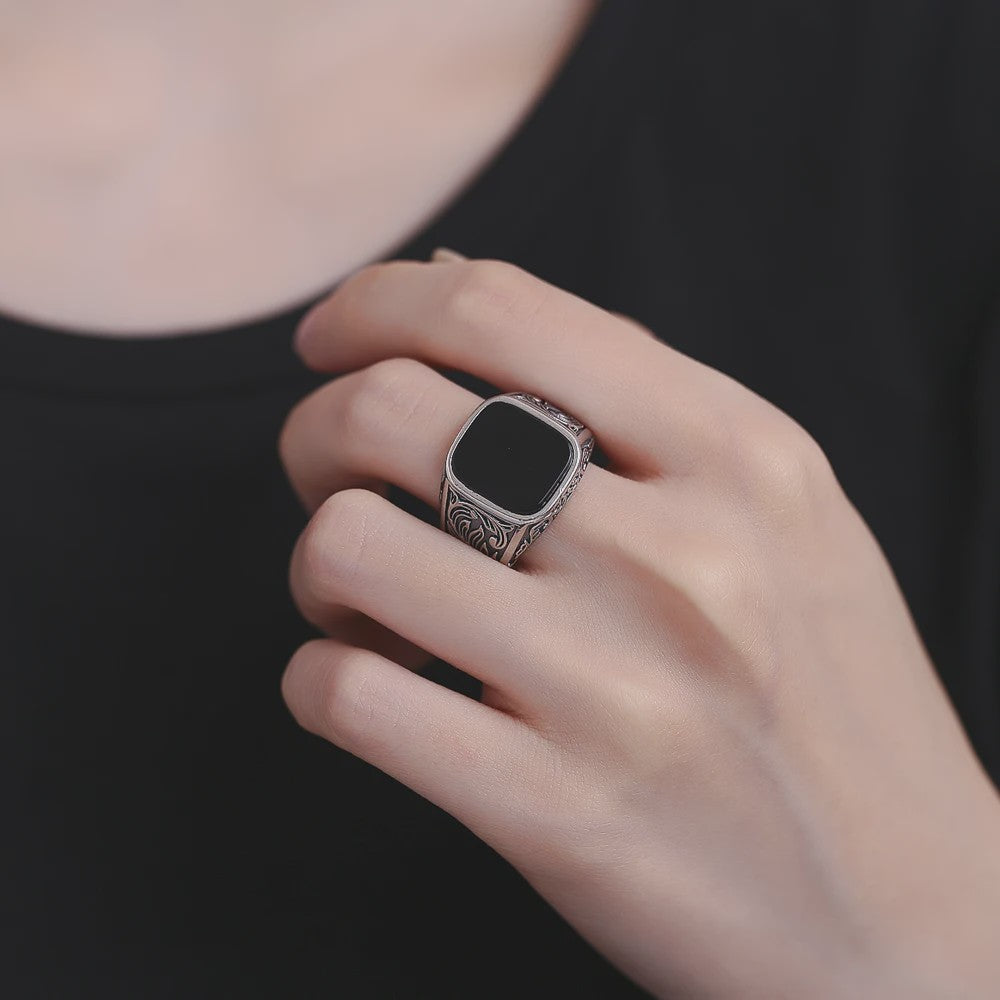 Heren Ring Zwart Onyx Vierkant 12x14mm Vintage Sterling Zilver - Stoere Gothic Statement Ring