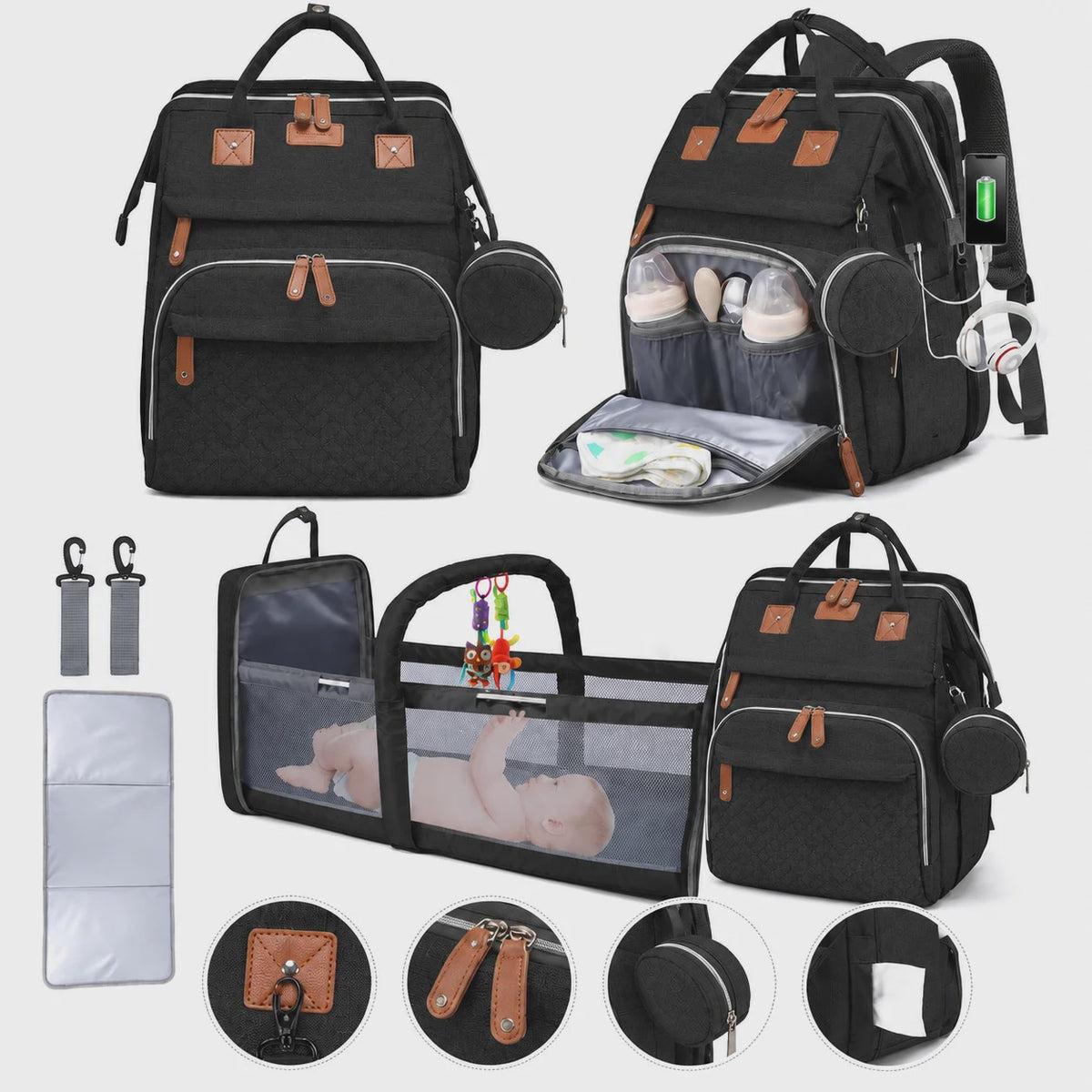 Multifunctionele Luiertas Rugzak met Babybedje, USB-poort en Aankleedkussen - Waterdicht