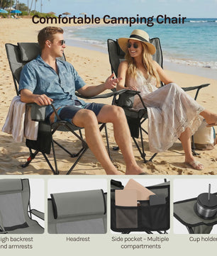 Opvouwbare Campingstoel met Verstelbare Rugleuning, Hoofdsteun, Bekerhouder en Zijvakken - Draagbaar en Comfortabel