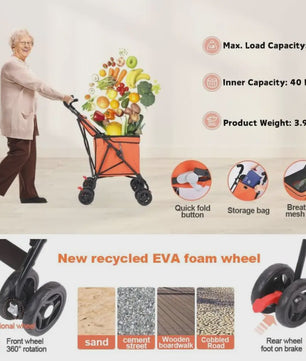 40L Opvouwbare Boodschappentrolley met Opbergtas en 4 Wielen