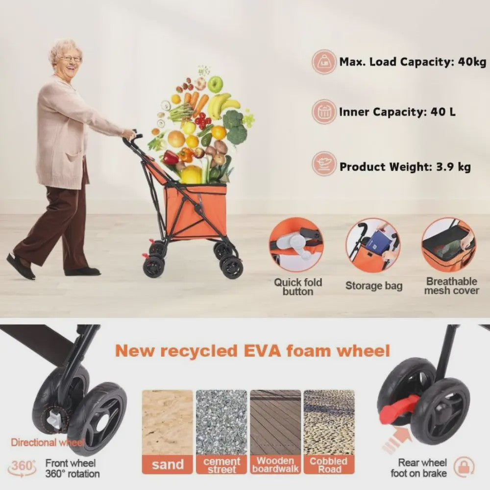40L Opvouwbare Boodschappentrolley met Opbergtas en 4 Wielen