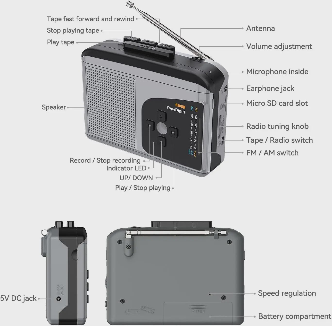 EZCAP234 Cassette naar MP3 Converter: Speel tapes af, neem radio op en luister naar AM/FM