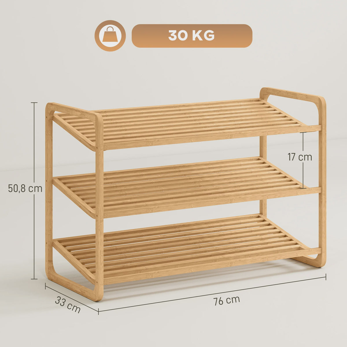 HOMCOM Bamboe Schoenenrek 3 Niveaus - Ruim 12 Paren Schoenen - 76x33x50,8cm - Natuurlijk Hout
