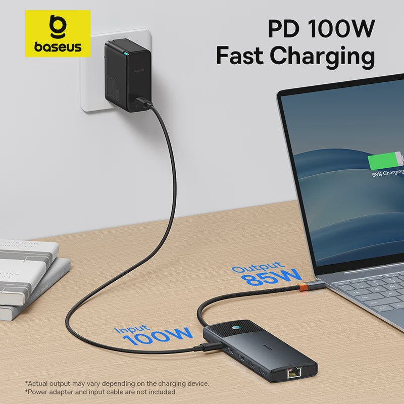 Baseus 10-in-1 USB-C Hub: 8K/4K Dual HDMI, 10Gbps, RJ45, PD 100W - Uitbreidingsstation voor MacBook & Laptop