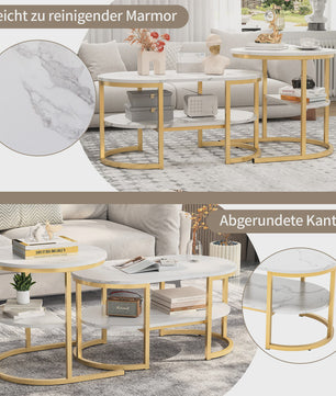 Set van 2 Moderne Salontafels met Marmerlook Blad en Stalen Onderstel