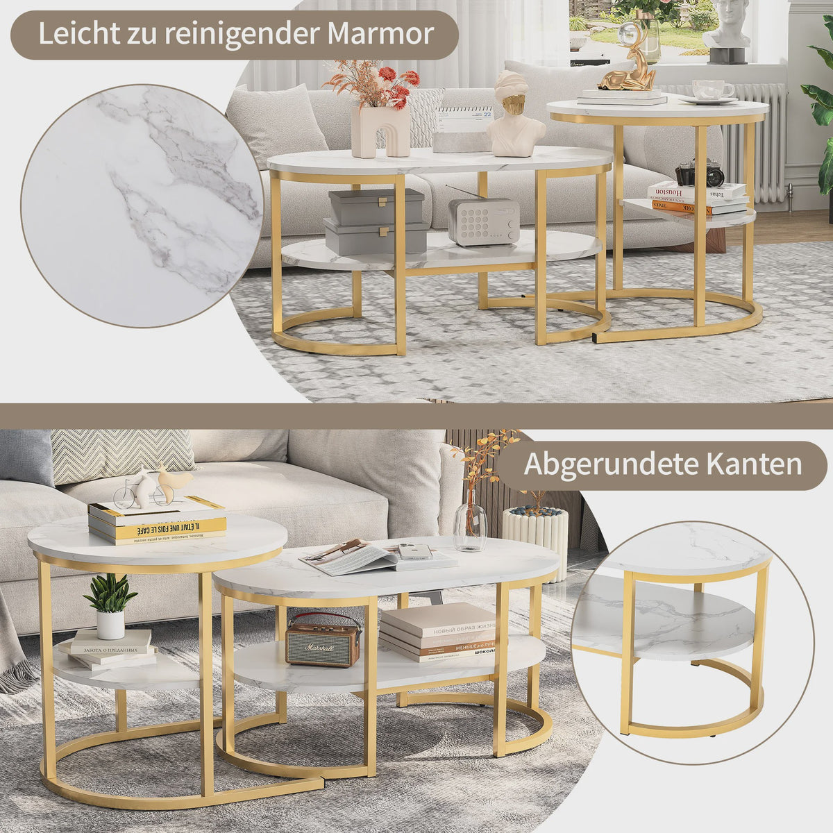 Set van 2 Moderne Salontafels met Marmerlook Blad en Stalen Onderstel