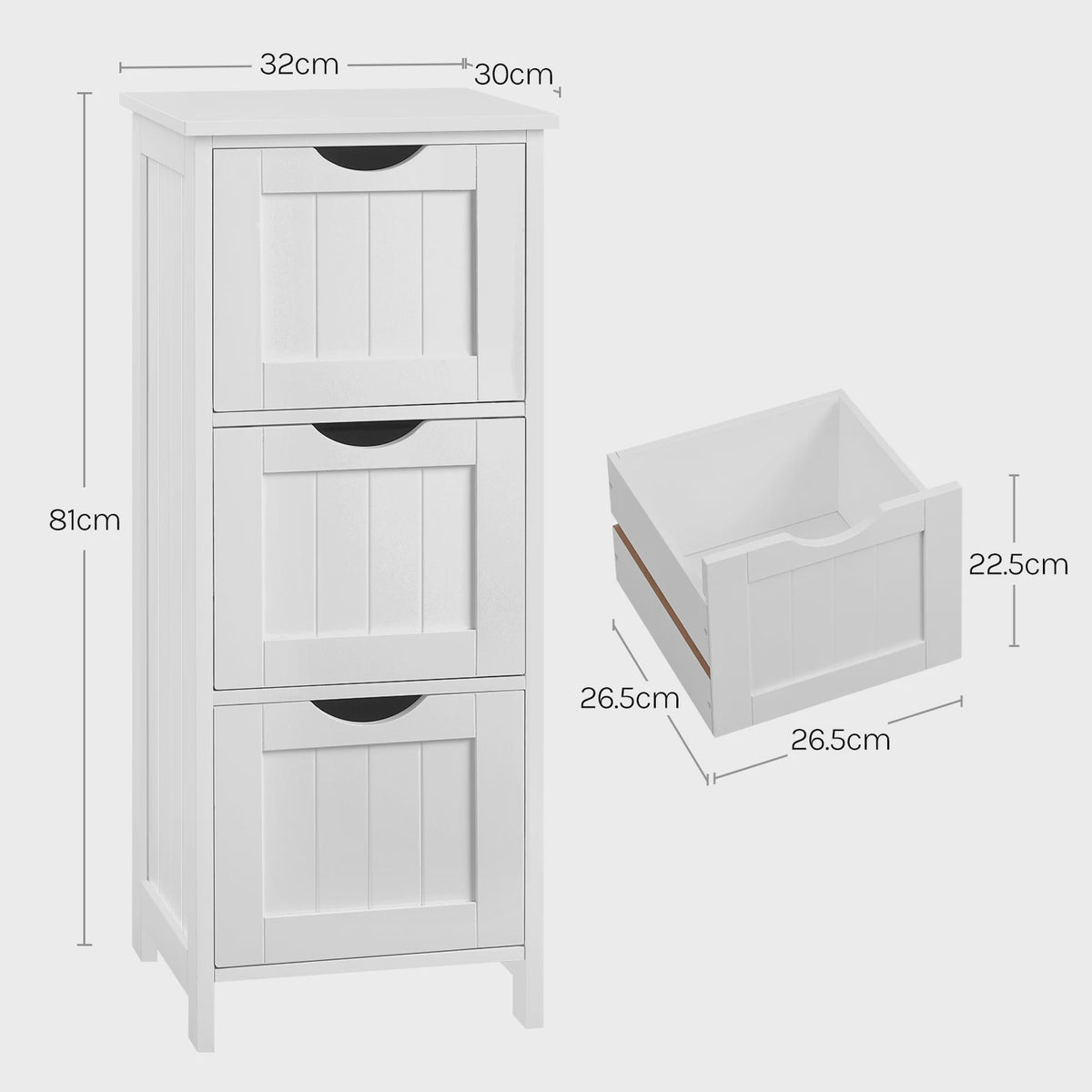 Smal Wit Toiletkastje met 3 Lades - Vrijstaande Badkamer- en Keukenorganizer 32x81x30cm