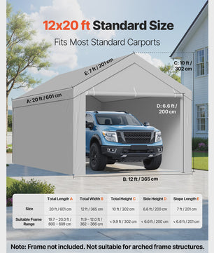12x20 FT Carport Vervangingsdak - Waterdicht & UV-bestendig Garage Tentzeil met Zijwanden