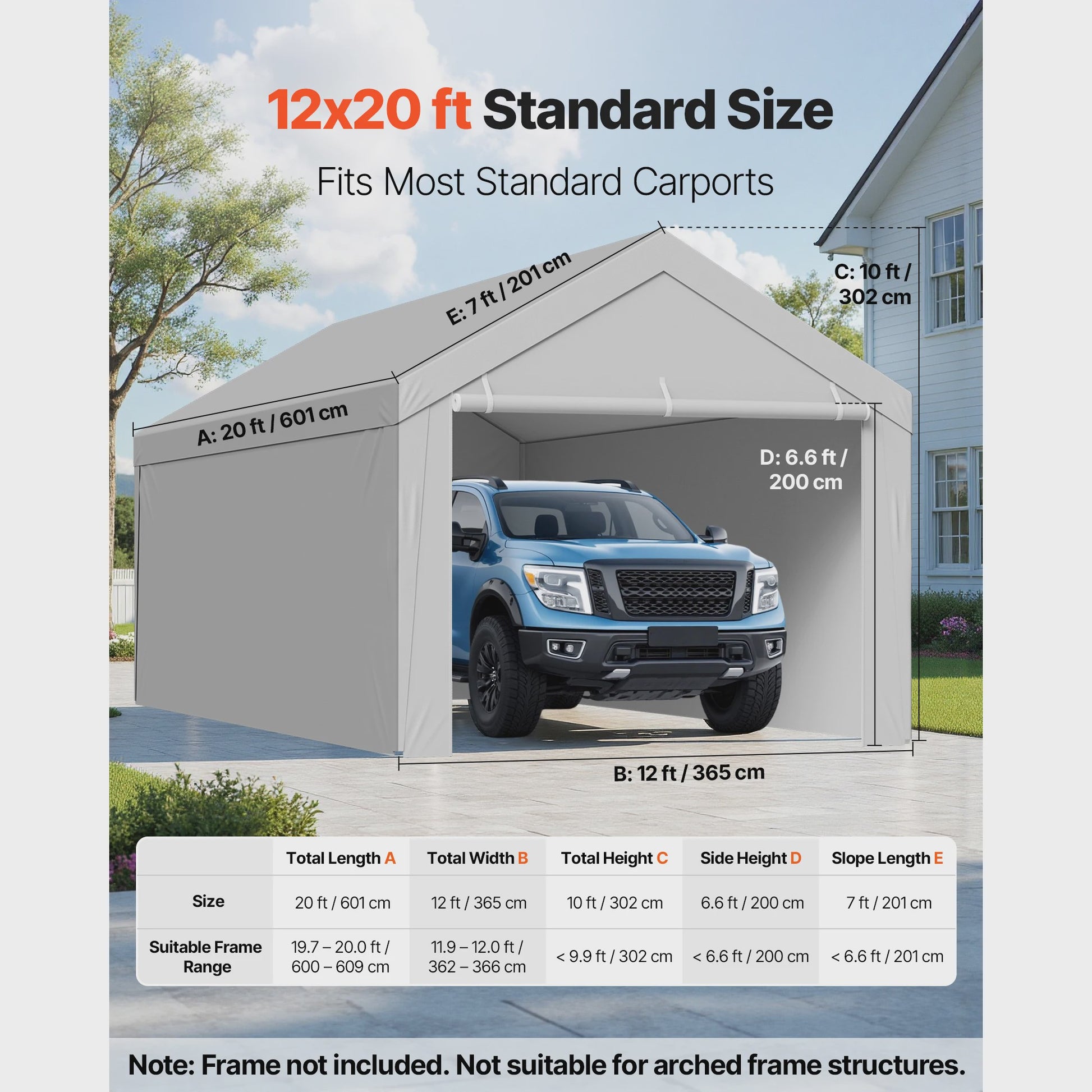 12x20 FT Carport Vervangingsdak - Waterdicht & UV-bestendig Garage Tentzeil met Zijwanden
