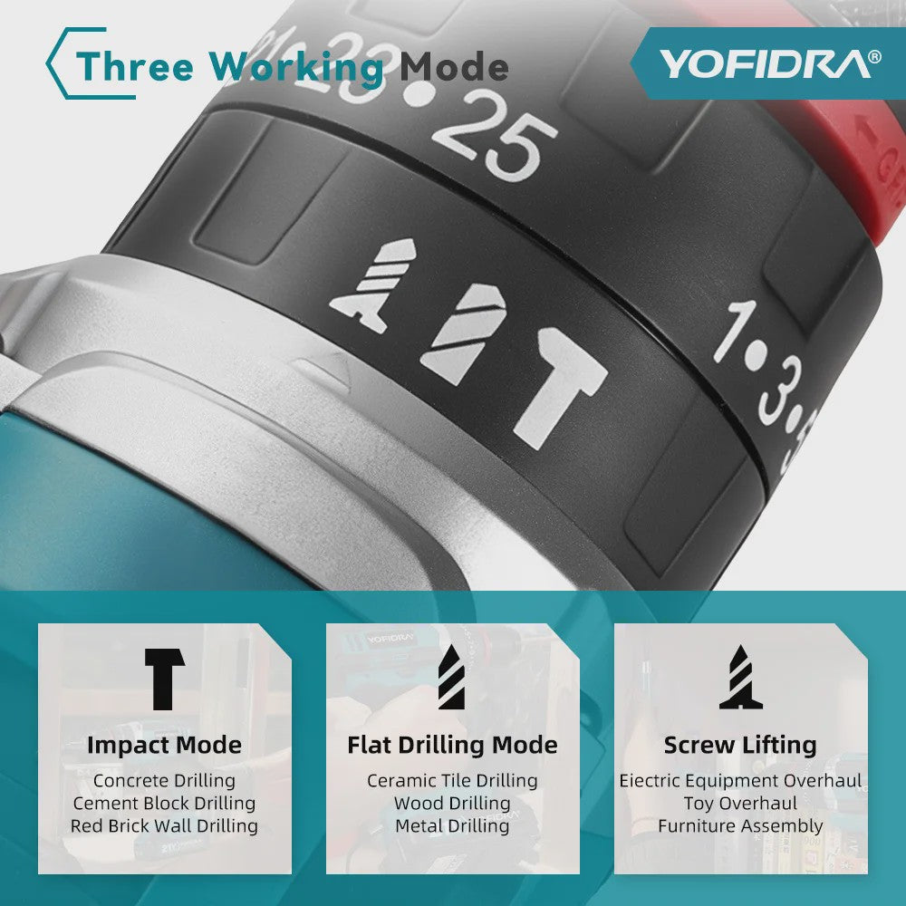 YOFIDRA 21V Accu Klopboormachine 3-in-1 met 25+3 Koppelinstellingen en LED Verlichting